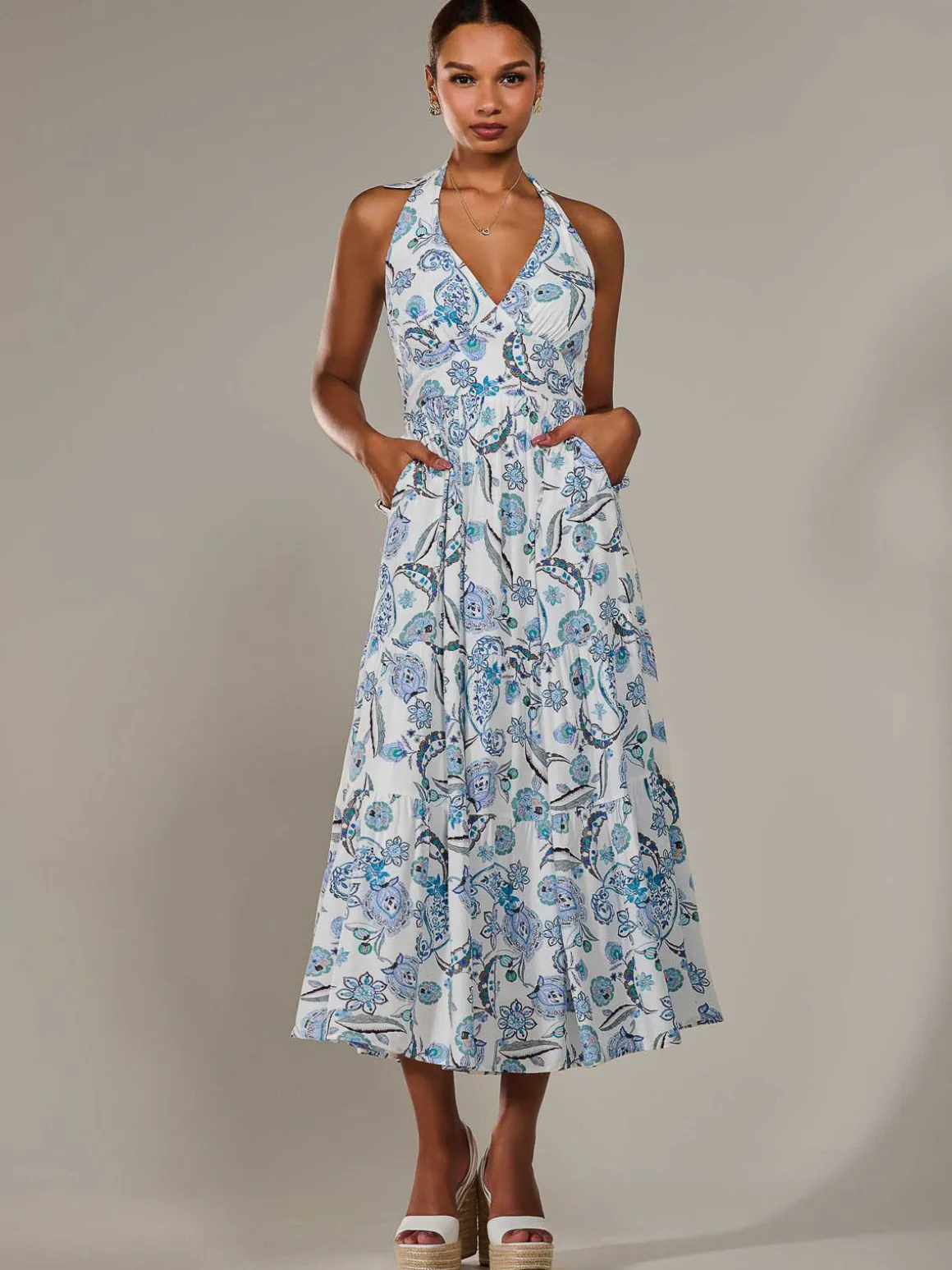 Halter Neck Maxi Dress, Blue Paisley