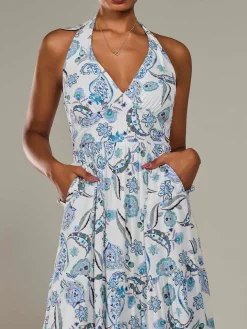 Halter Neck Maxi Dress, Blue Paisley