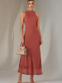 Halter Neck Open Back Chiffon Maxi Dress, Dark Coral