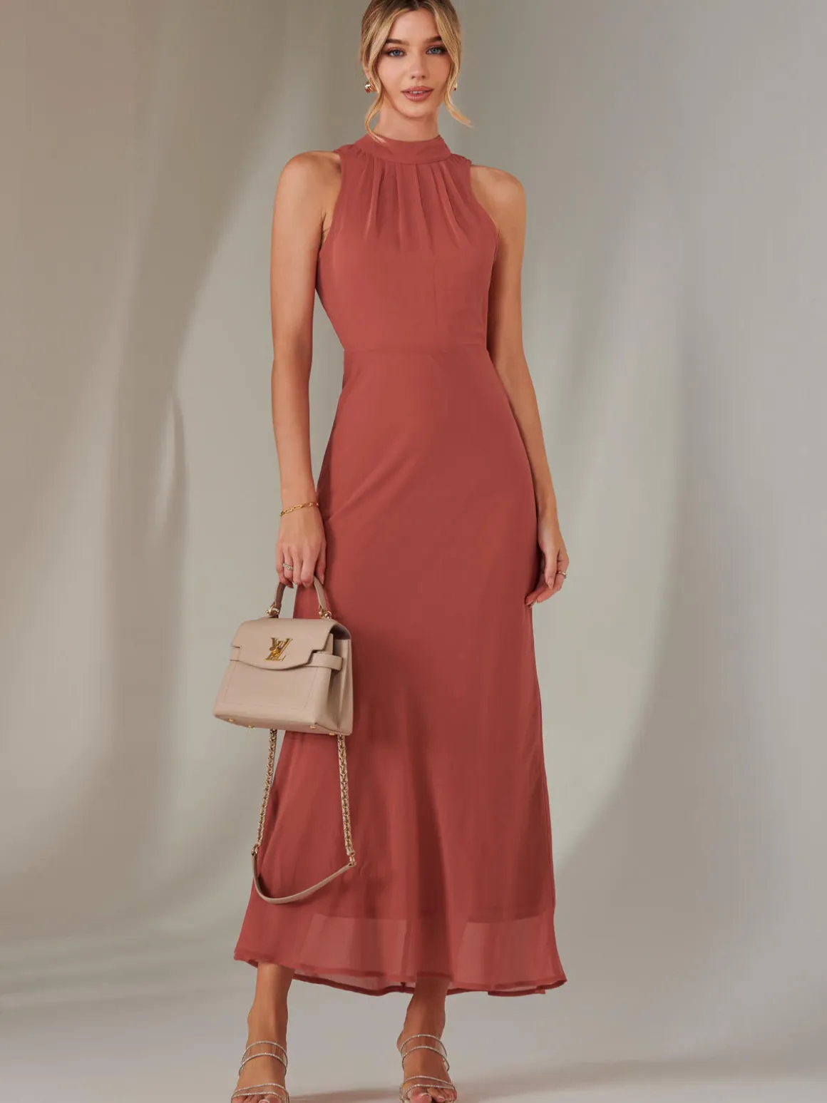 Halter Neck Open Back Chiffon Maxi Dress, Dark Coral
