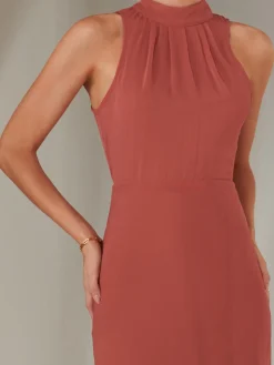 Halter Neck Open Back Chiffon Maxi Dress, Dark Coral