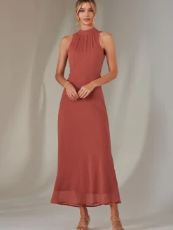 Halter Neck Open Back Chiffon Maxi Dress, Dark Coral