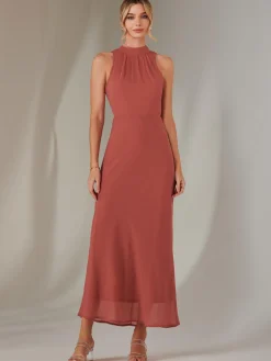 Halter Neck Open Back Chiffon Maxi Dress, Dark Coral