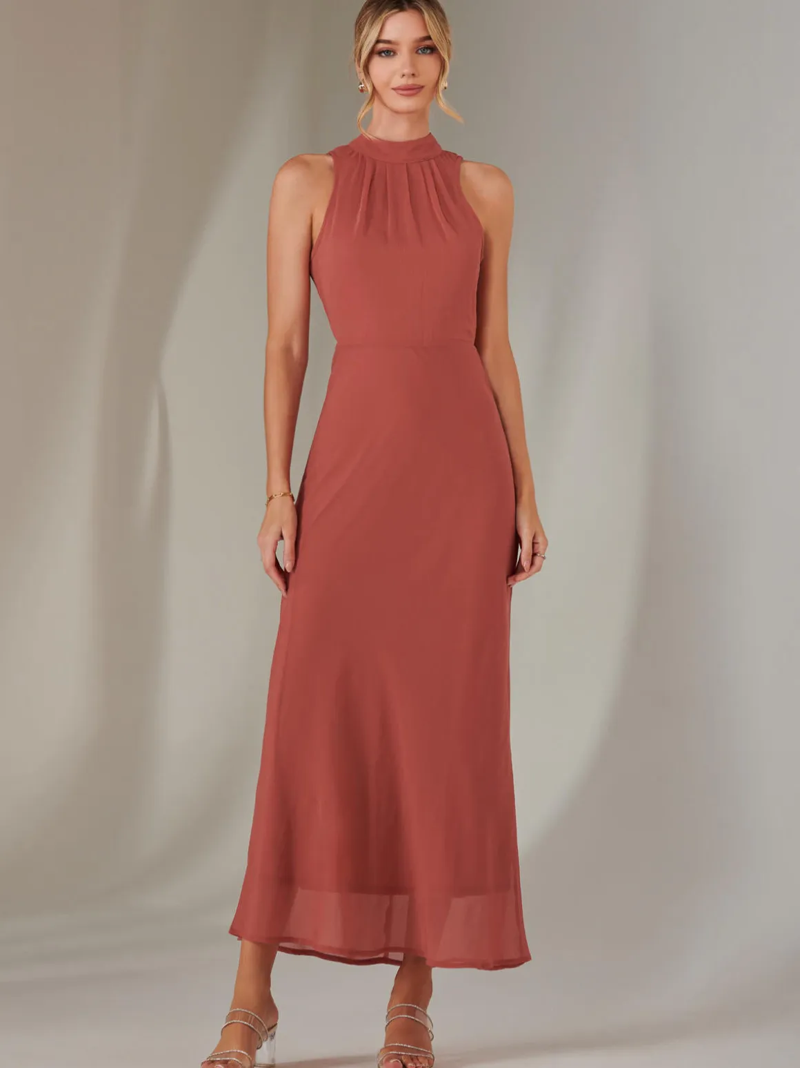 Halter Neck Open Back Chiffon Maxi Dress, Dark Coral