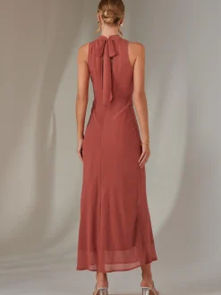 Halter Neck Open Back Chiffon Maxi Dress, Dark Coral