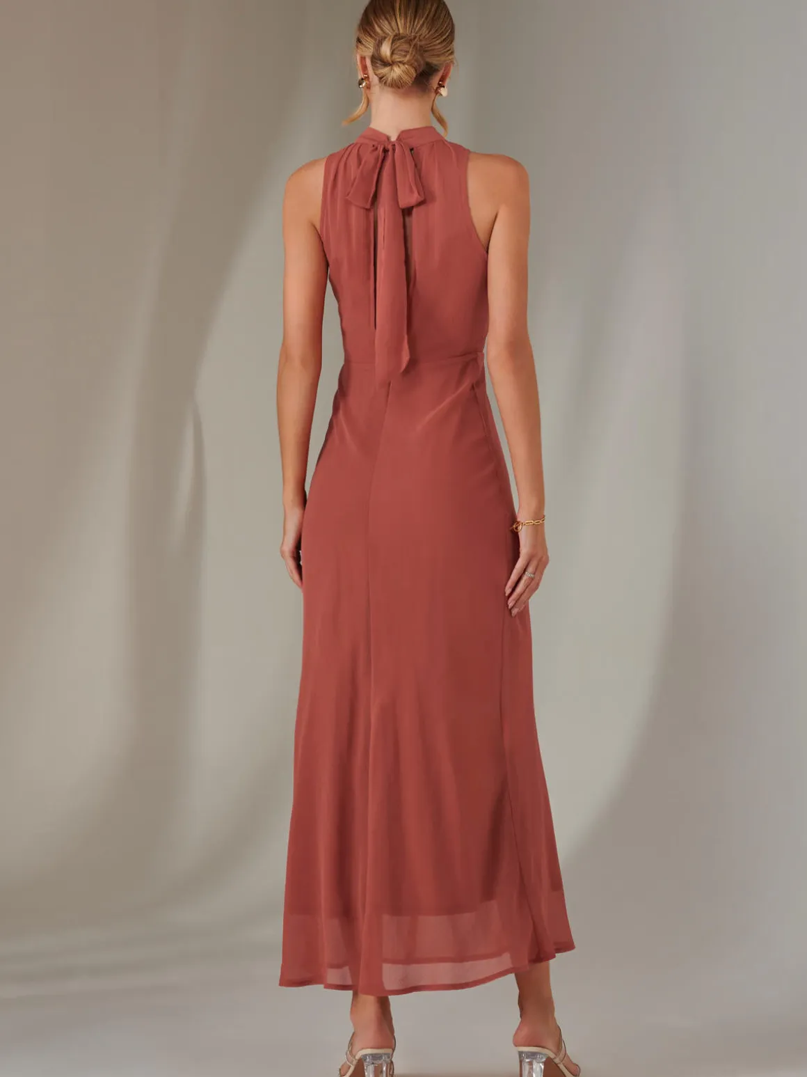 Halter Neck Open Back Chiffon Maxi Dress, Dark Coral