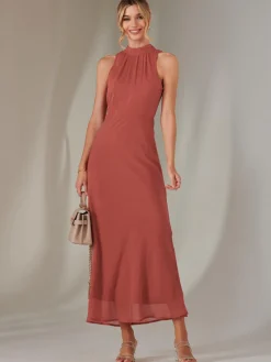 Halter Neck Open Back Chiffon Maxi Dress, Dark Coral