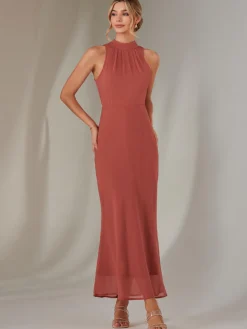 Halter Neck Open Back Chiffon Maxi Dress, Dark Coral