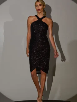 Halter Neck Sequin Wrap Midi Dark Purple