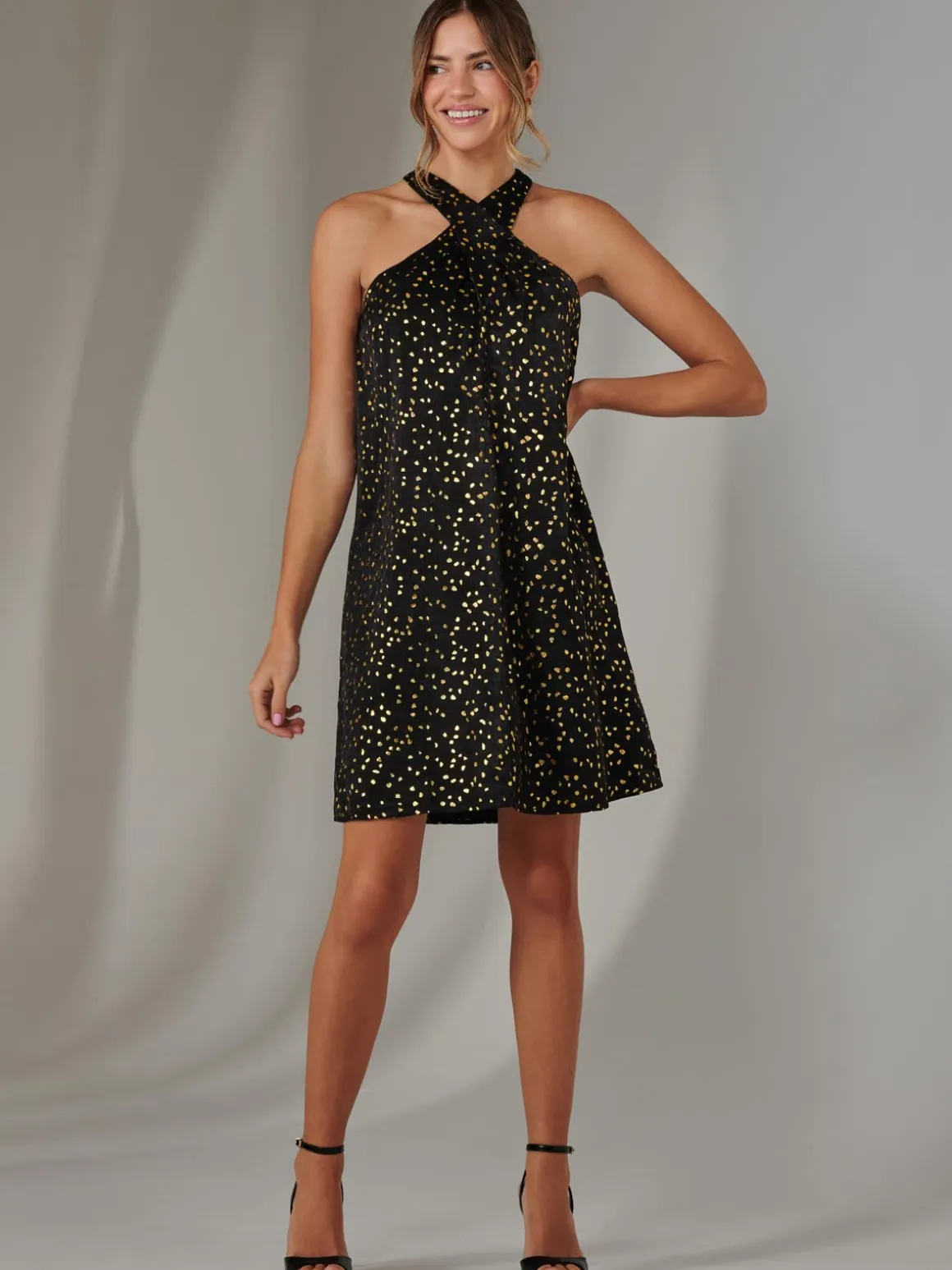 Halter Neck Tie Mini Dress, Black