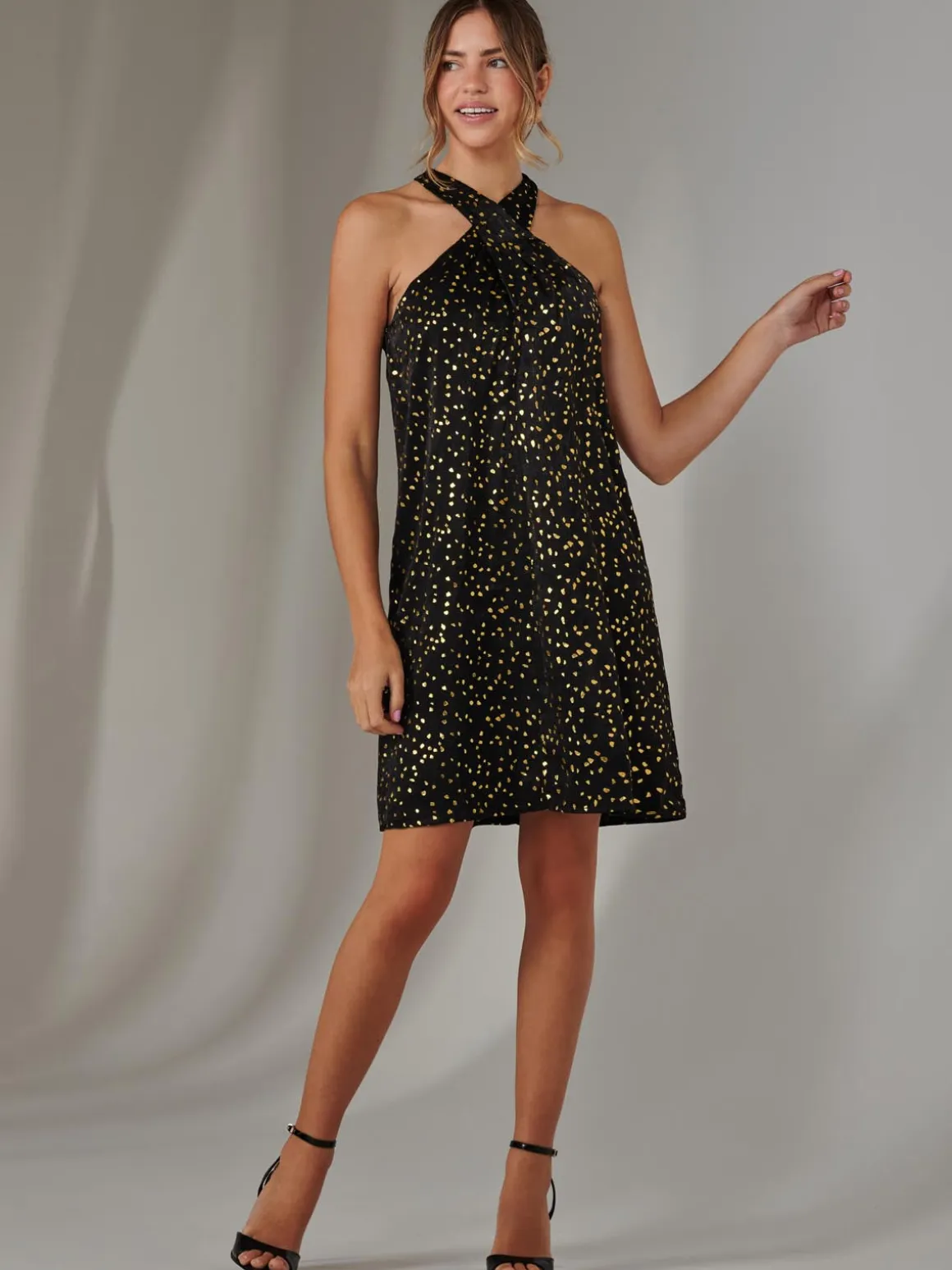 Halter Neck Tie Mini Dress, Black
