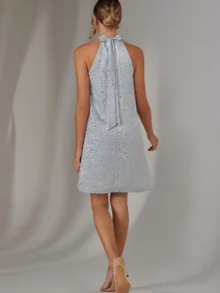 Halter Neck Tie Mini Dress, Light Blue