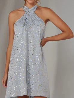 Halter Neck Tie Mini Dress, Light Blue