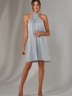 Halter Neck Tie Mini Dress, Light Blue