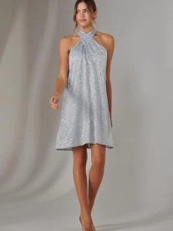 Halter Neck Tie Mini Dress, Light Blue
