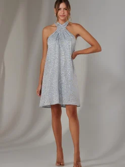 Halter Neck Tie Mini Dress, Light Blue