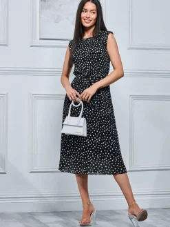 Haniya Spot Print Pleated Chiffon Dress, Black