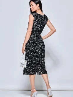 Haniya Spot Print Pleated Chiffon Dress, Black