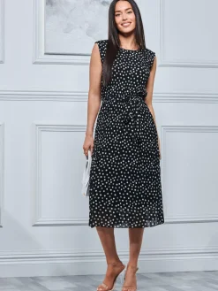 Haniya Spot Print Pleated Chiffon Dress, Black