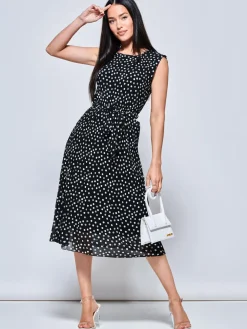 Haniya Spot Print Pleated Chiffon Dress, Black