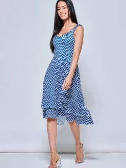 Harleen Sleeveless Tiered Midi Dress, Blue Geo