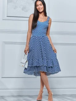 Harleen Sleeveless Tiered Midi Dress, Blue Geo