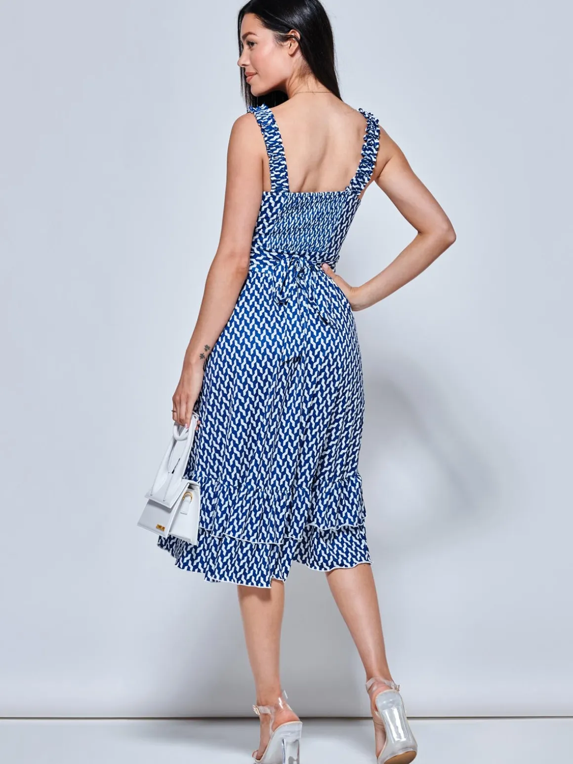 Harleen Sleeveless Tiered Midi Dress, Blue Geo