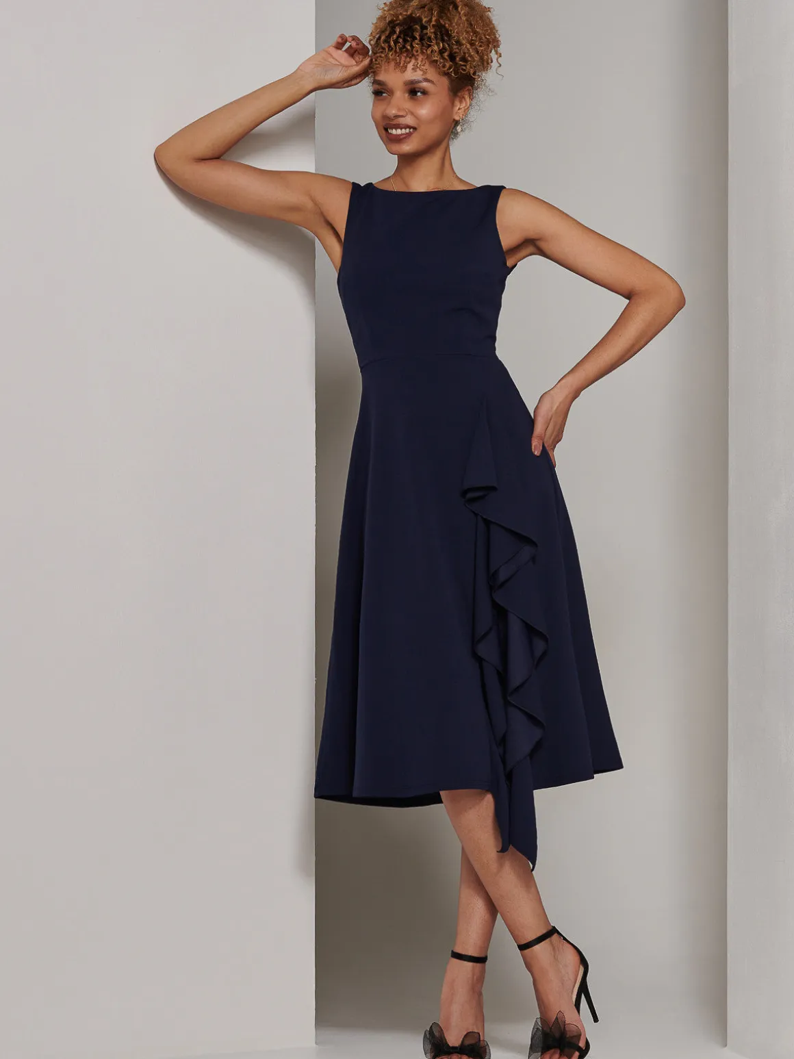 Haylen Frill Detail Midi Dress, Navy