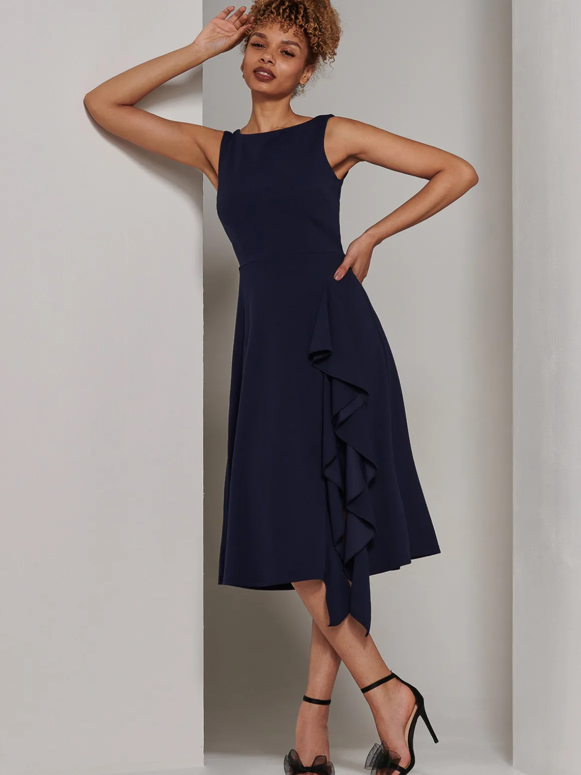 Haylen Frill Detail Midi Dress, Navy