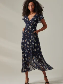 Heleyna Ruffle Hem Mesh Maxi Dress, Navy Floral