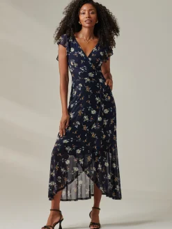 Heleyna Ruffle Hem Mesh Maxi Dress, Navy Floral