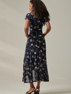 Heleyna Ruffle Hem Mesh Maxi Dress, Navy Floral