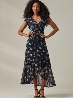 Heleyna Ruffle Hem Mesh Maxi Dress, Navy Floral