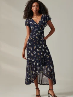 Heleyna Ruffle Hem Mesh Maxi Dress, Navy Floral