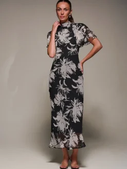 High Neck Angel Sleeve Chiffon Maxi Dress, Black Abstract