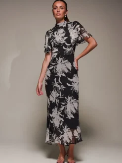 High Neck Angel Sleeve Chiffon Maxi Dress, Black Abstract