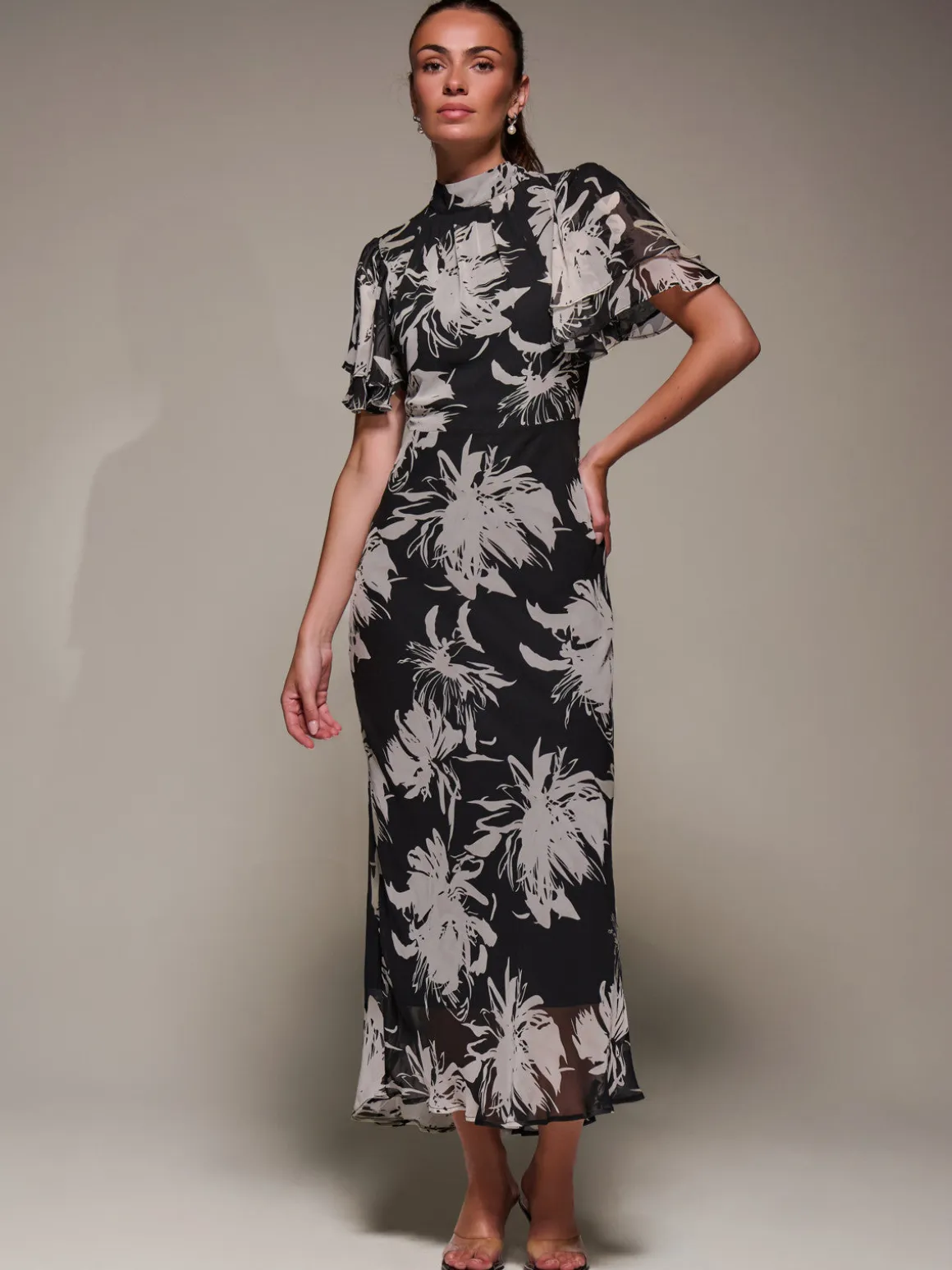 High Neck Angel Sleeve Chiffon Maxi Dress, Black Abstract