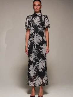 High Neck Angel Sleeve Chiffon Maxi Dress, Black Abstract