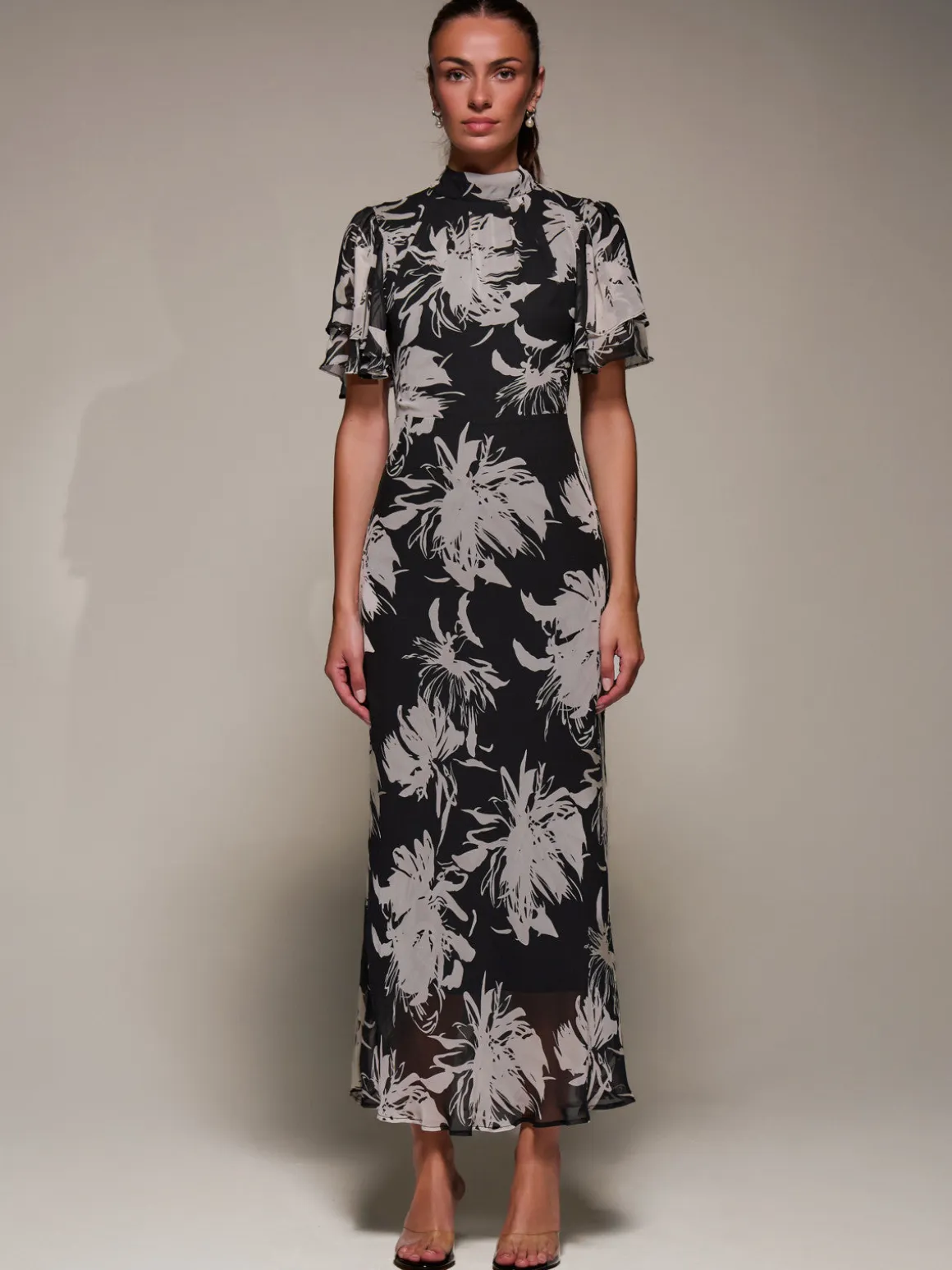 High Neck Angel Sleeve Chiffon Maxi Dress, Black Abstract
