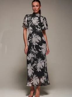 High Neck Angel Sleeve Chiffon Maxi Dress, Black Abstract