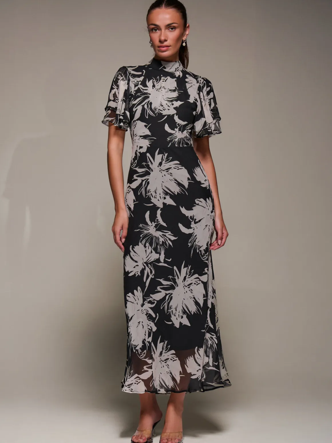 High Neck Angel Sleeve Chiffon Maxi Dress, Black Abstract