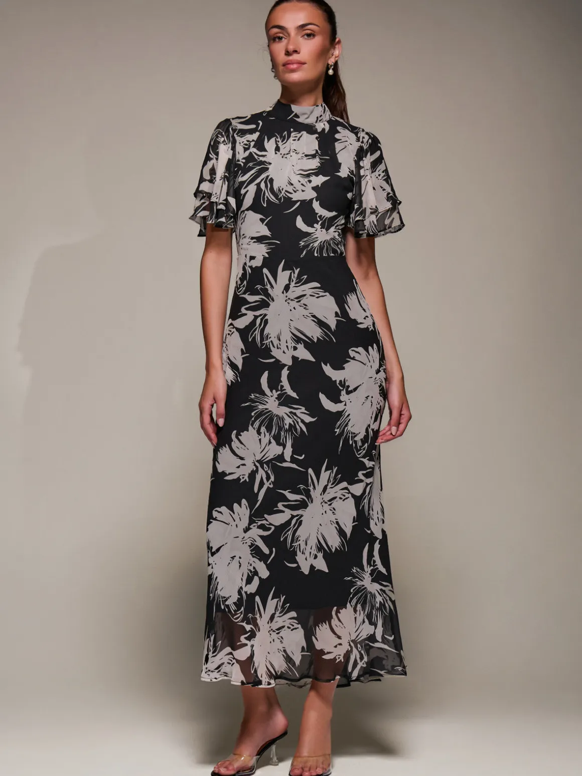 High Neck Angel Sleeve Chiffon Maxi Dress, Black Abstract