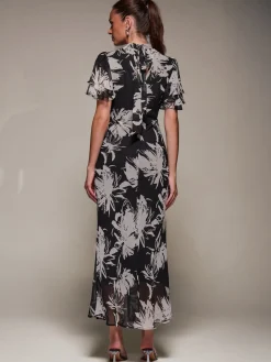 High Neck Angel Sleeve Chiffon Maxi Dress, Black Abstract