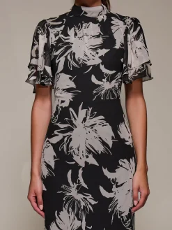 High Neck Angel Sleeve Chiffon Maxi Dress, Black Abstract