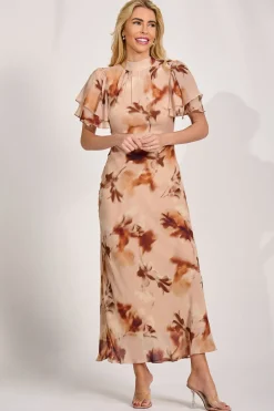 High Neck Angel Sleeve Chiffon Maxi Dress, Brown Floral