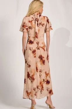 High Neck Angel Sleeve Chiffon Maxi Dress, Brown Floral