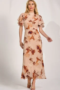 High Neck Angel Sleeve Chiffon Maxi Dress, Brown Floral