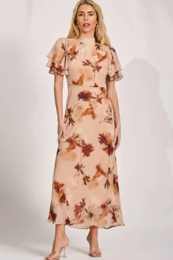 High Neck Angel Sleeve Chiffon Maxi Dress, Brown Floral