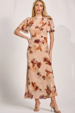 High Neck Angel Sleeve Chiffon Maxi Dress, Brown Floral