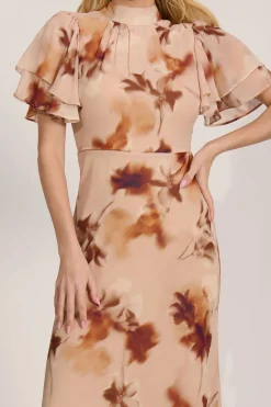 High Neck Angel Sleeve Chiffon Maxi Dress, Brown Floral